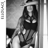 Ellolace Sheer Knit Fish Net Mesh Bodysuit naiste seksikas gooti pesu kombinesoon õõnsad varrukateta keha must pitstop