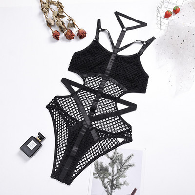 Ellolace Sheer Knit Fish Net Mesh Bodysuit naiste seksikas gooti pesu kombinesoon õõnsad varrukateta keha must pitstop