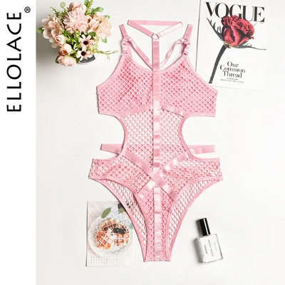 Ellolace Sheer Knit Fish Net Mesh Bodysuit naiste seksikas gooti pesu kombinesoon õõnsad varrukateta keha must pitstop