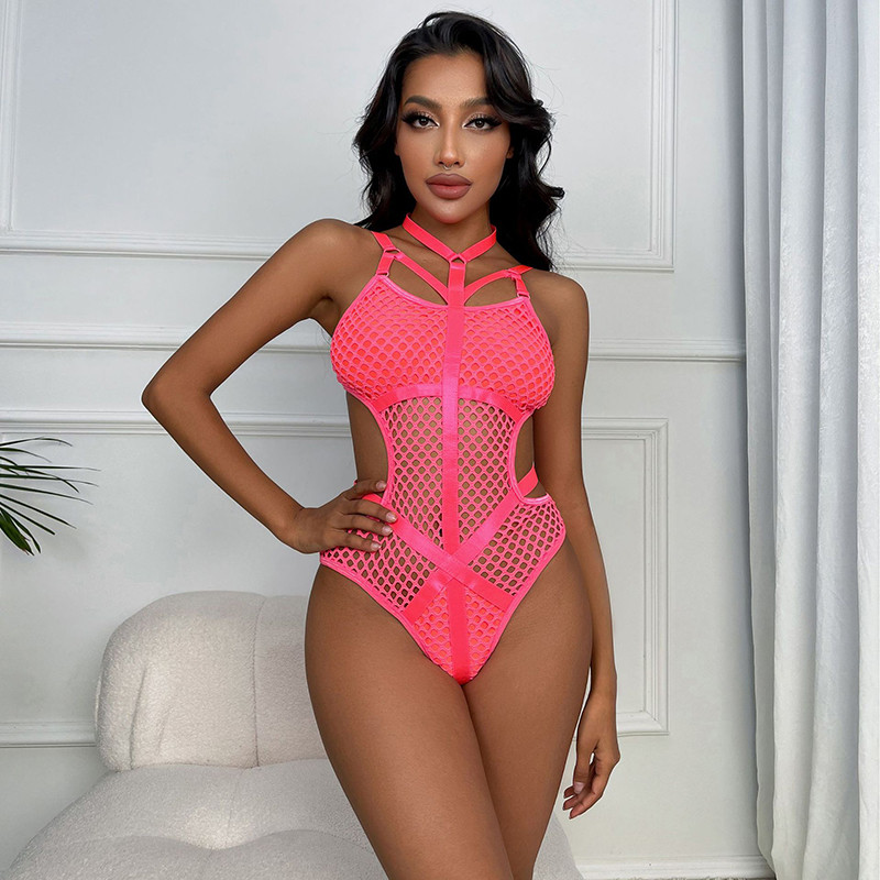 Ellolace Sheer Knit Fish Net Mesh Bodysuit naiste seksikas gooti pesu kombinesoon õõnsad varrukateta keha must pitstop