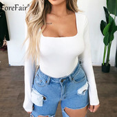 Forefair Body alb cu mânecă lungă pentru femei, negru, sexy, cu gât pătrat, de bază, pentru corp de bază, pentru dama, toamnă, vară, casual, solid