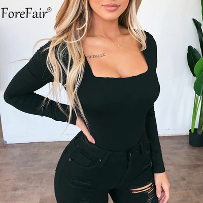 Forefair Body alb cu mânecă lungă pentru femei, negru, sexy, cu gât pătrat, de bază, pentru corp de bază, pentru dama, toamnă, vară, casual, solid