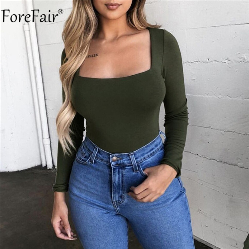 Forefair Body alb cu mânecă lungă pentru femei, negru, sexy, cu gât pătrat, de bază, pentru corp de bază, pentru dama, toamnă, vară, casual, solid