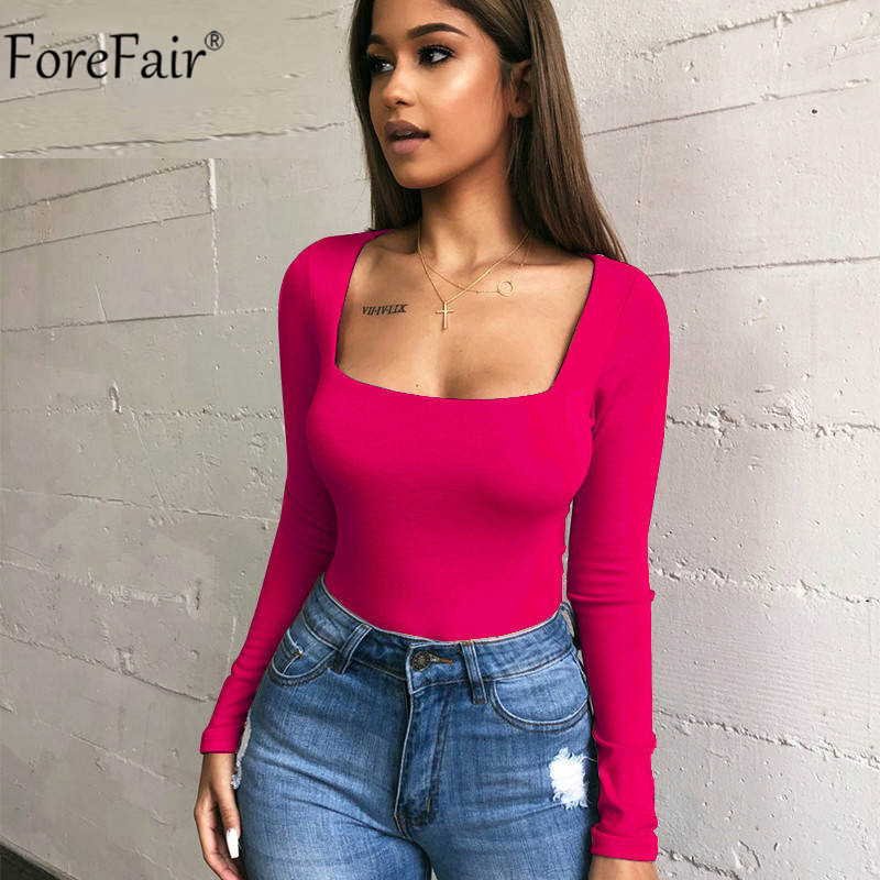 Forefair Body alb cu mânecă lungă pentru femei, negru, sexy, cu gât pătrat, de bază, pentru corp de bază, pentru dama, toamnă, vară, casual, solid