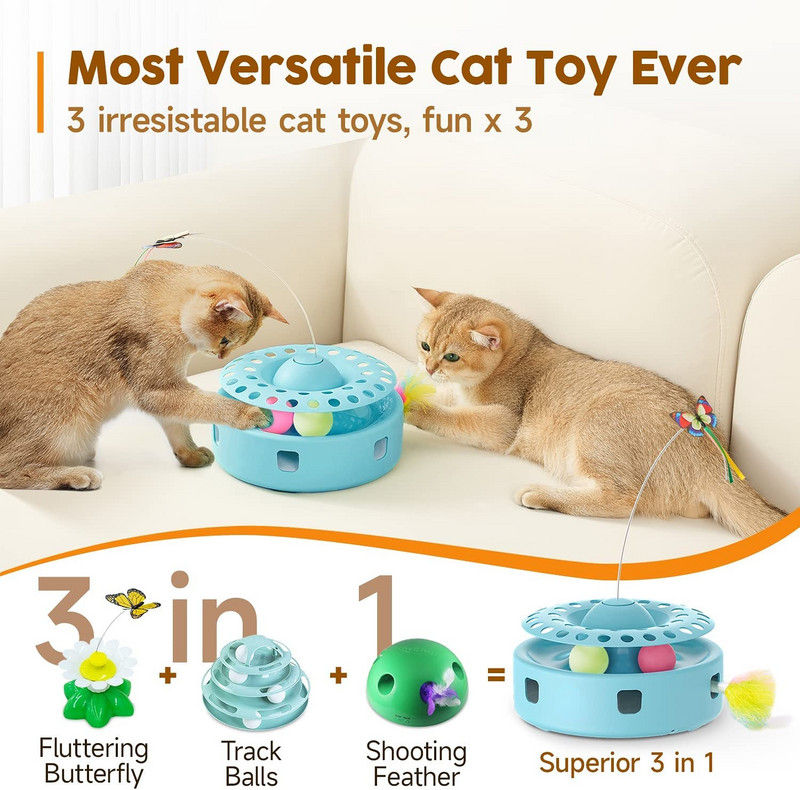 ATUBAN Cat Toys 3 viename išmanusis interaktyvus elektroninis kačiuko žaislas, atsitiktinai judančios pasalos plunksna arba kamuoliukai, kambarinė kačių spyruoklė