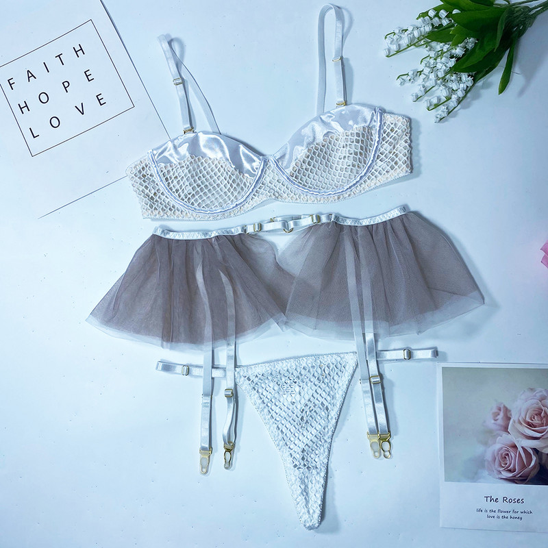 Ellolace Lenjerie sexy din plasă Patchwork Lenjerie de corp fantezie Volane Jartiere Set de slip de lux delicat Vedeți prin Seturi erotice senzuale