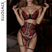Ellolace Lenjerie senzuală Broderie sexy Bandaj Seturi de brevi Jartiere Slip lux 3 piese Whuta Hot Erotic Lenjerie delicată