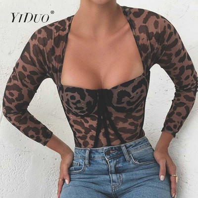 YiDuo Leopard Print Body Push Up Body Jumpsuit Női Hosszú ujjú Bodycon Overall Szexi Őszi Hollow Out Bodysuit parti viselet