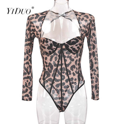 Body cu imprimeu de leopard YiDuo Salopetă cu corp cu împingere în sus pentru femei, cu mânecă lungă, bodycon, salopete sexy de toamnă, cu scobitură, pentru petrecere