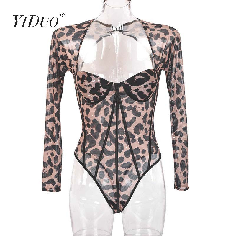 Body cu imprimeu de leopard YiDuo Salopetă cu corp cu împingere în sus pentru femei, cu mânecă lungă, bodycon, salopete sexy de toamnă, cu scobitură, pentru petrecere
