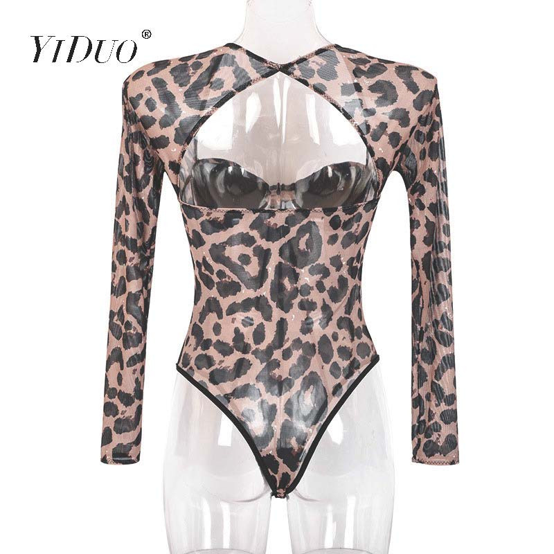 Body cu imprimeu de leopard YiDuo Salopetă cu corp cu împingere în sus pentru femei, cu mânecă lungă, bodycon, salopete sexy de toamnă, cu scobitură, pentru petrecere