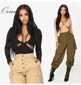 Ženski bikini s dugim rukavima i V izrezom boje crne marelice