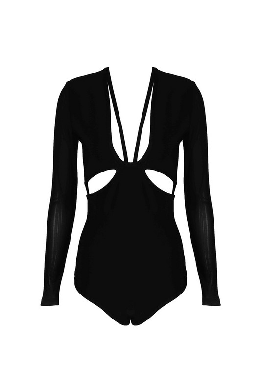 Ženski bikini s dugim rukavima i V izrezom boje crne marelice
