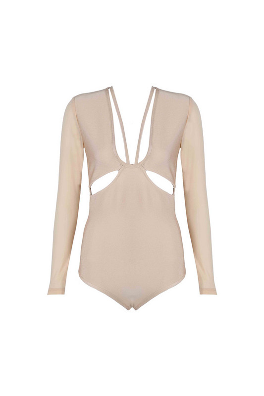 Ženski bikini s dugim rukavima i V izrezom boje crne marelice