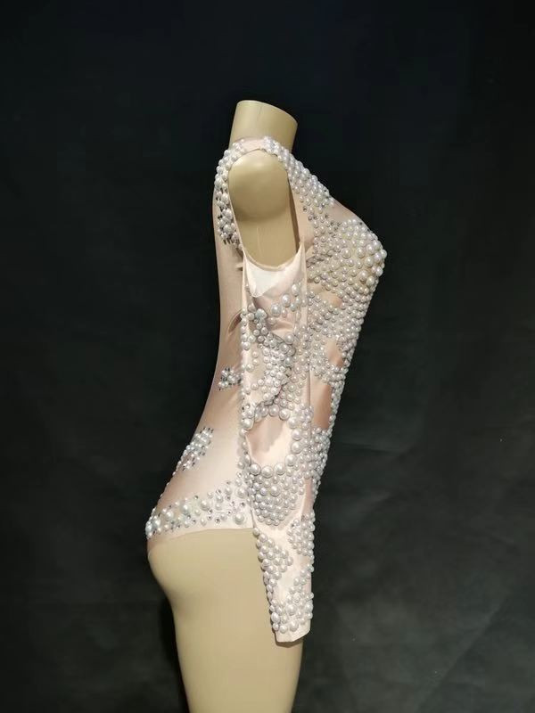 Salopetă sexy pentru scenă cu perle albe strălucitoare pentru femei, club de noapte, nuntă, petrecere de aniversare, îmbrăcăminte pentru scenă, dansatoare, costume de dans, body