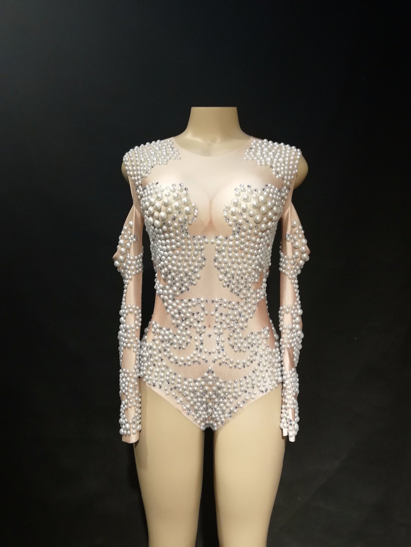 Salopetă sexy pentru scenă cu perle albe strălucitoare pentru femei, club de noapte, nuntă, petrecere de aniversare, îmbrăcăminte pentru scenă, dansatoare, costume de dans, body