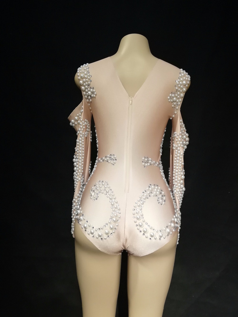 Salopetă sexy pentru scenă cu perle albe strălucitoare pentru femei, club de noapte, nuntă, petrecere de aniversare, îmbrăcăminte pentru scenă, dansatoare, costume de dans, body