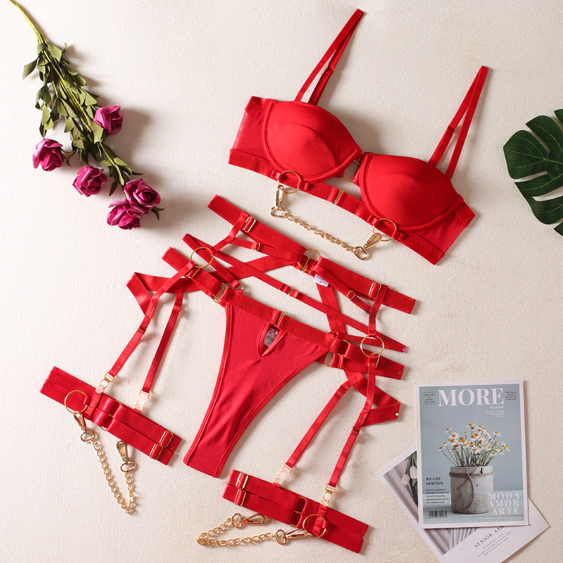 Lenjerie fină MeiKeDai Lenjerie de corp sexy lenjerie de lux Seturi erotice de lux delicate, 4 piese, cu sutien cu lanț și set de chiloți Jartiere intime