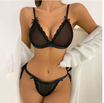 Crni mrežasti komplet donjeg rublja Ženski push up grudnjak i gaćice s čeličnim prstenom Komplet tanga donjeg rublja Prozirno 2-dijelno erotično donje rublje