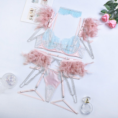 Ellolace Feather Εσώρουχα για Γυναικεία Εσώρουχα Χωρίς λογοκρισία Σουτιέν 18 τούλι με αλυσίδα See Through Ερωτικά ντυσίματα με ντελικάτα δαντέλα Garter