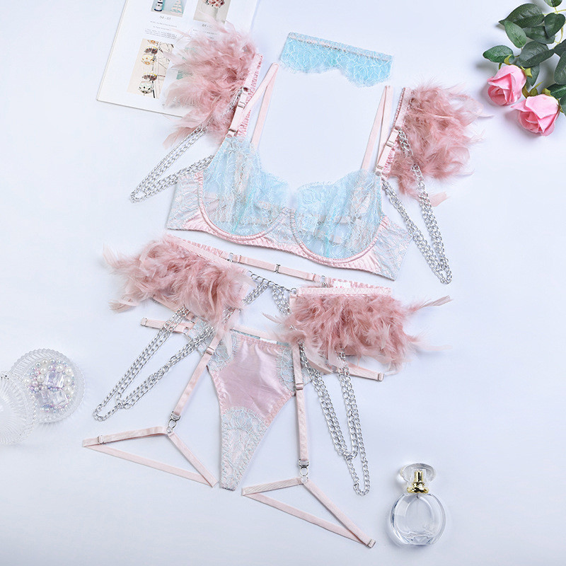 Ellolace Feather Εσώρουχα για Γυναικεία Εσώρουχα Χωρίς λογοκρισία Σουτιέν 18 τούλι με αλυσίδα See Through Ερωτικά ντυσίματα με ντελικάτα δαντέλα Garter