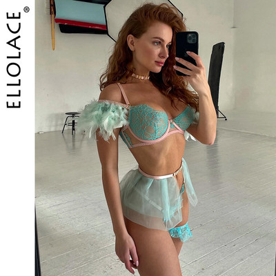 Ellolace donje rublje od perja Seksi 5-dijelno žensko donje rublje Necenzurirano otmjeno prozirno čipkasto donje rublje Erotski, jedinstveni, intimni par
