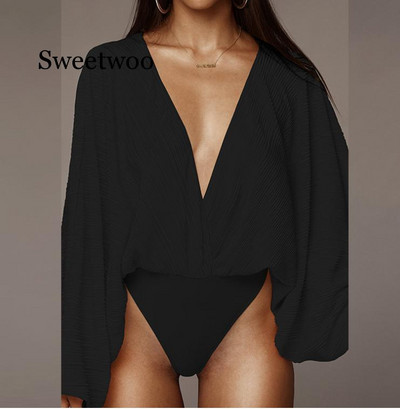 Body sexy mozaic cu decolteu în V adânc pentru femei, la modă, cu mâneci lungi, largi, salopete pentru femei, salopete casual de primăvară, 2020