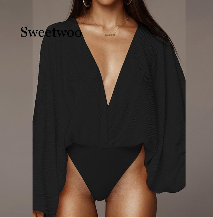 Body sexy mozaic cu decolteu în V adânc pentru femei, la modă, cu mâneci lungi, largi, salopete pentru femei, salopete casual de primăvară, 2020