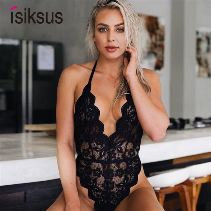 Isiksus Body sexy transparent de tanga de vară neagră pentru femei, dantelă, albă, fără spate, cu umăr deschis, cu crotch deschis, pentru femei JS029