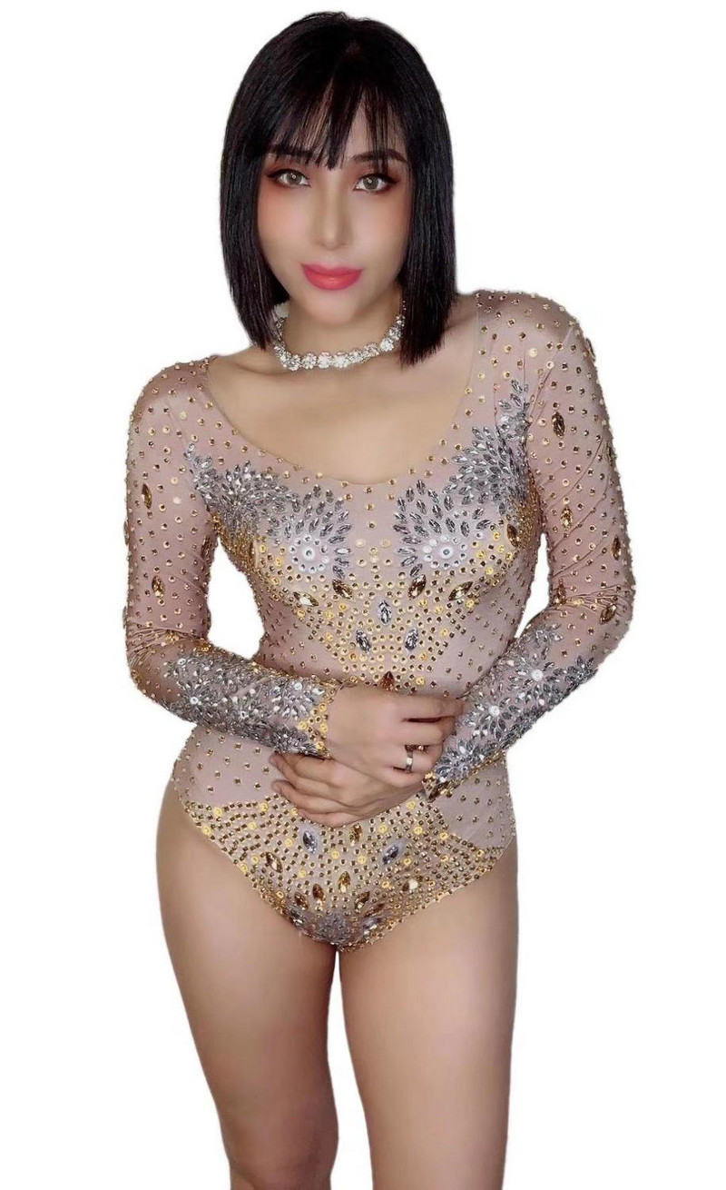Γυναικεία μακρυμάνικη ολόσωμη φόρμα γενεθλίων με λαμπερό ασημί χρυσό στρας