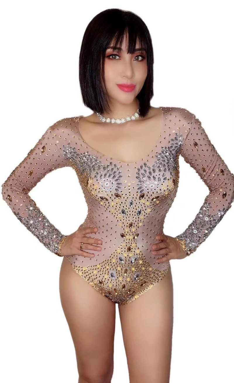 Γυναικεία μακρυμάνικη ολόσωμη φόρμα γενεθλίων με λαμπερό ασημί χρυσό στρας