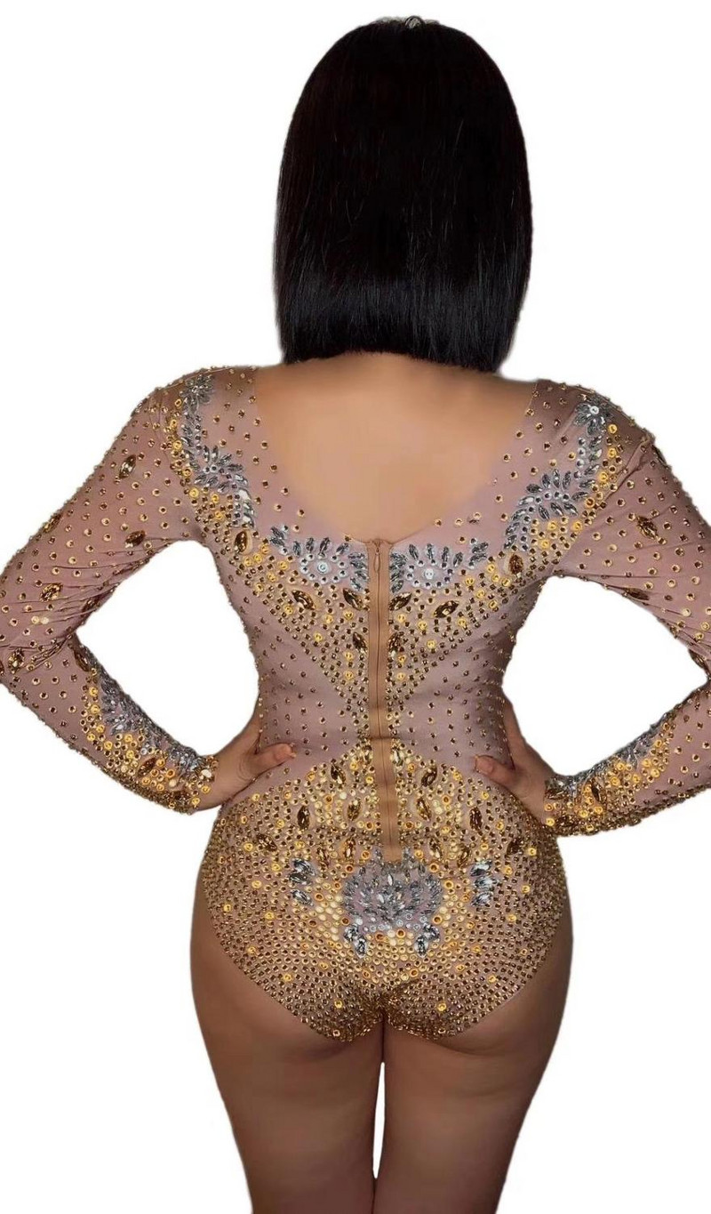 Γυναικεία μακρυμάνικη ολόσωμη φόρμα γενεθλίων με λαμπερό ασημί χρυσό στρας