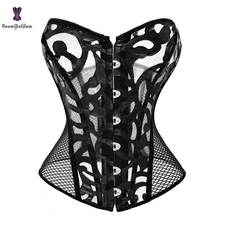 Steampunk Lace up Overbust Corset Top Negru Alb Hollow Out Mesh Sexy Trainer Trainer Bustieră