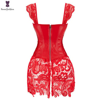 Σέξι Κόκκινο Κορσέ Φόρεμα Plus Size 6XL Μπουστάκι Φορέματα Overbust Κορσέδες Bustier Steampunk Gorset Faux Leather Corselet Lace Korsett
