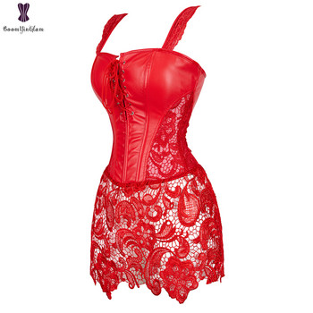 Σέξι Κόκκινο Κορσέ Φόρεμα Plus Size 6XL Μπουστάκι Φορέματα Overbust Κορσέδες Bustier Steampunk Gorset Faux Leather Corselet Lace Korsett