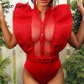 Salopete cu mâneci cu volane, sexy, cu vedere prin plasă, salopete pentru femei, elegante, cu gât fals, cu nasturi, salopete dintr-o bucată