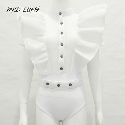 Salopete cu mâneci cu volane, sexy, cu vedere prin plasă, salopete pentru femei, elegante, cu gât fals, cu nasturi, salopete dintr-o bucată