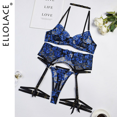 Ellolace Cobalt Fancy Lenjerie Sexy Lenjerie de corp Femei Broderie florală Sutien intim transparent Dantela senzuală Seturi exotice
