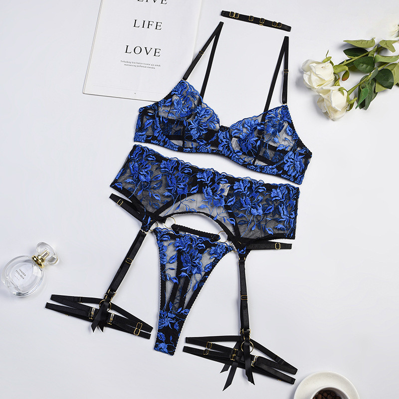 Ellolace Cobalt Fancy Lenjerie Sexy Lenjerie de corp Femei Broderie florală Sutien intim transparent Dantela senzuală Seturi exotice