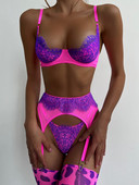 Yimunancy Set erotic 3 piese din dantelă de culoare contrastantă Femei 3 culori Patchwork Set de lenjerie sexy Push Up Set erotic