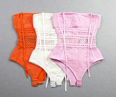 Női szexi csipke átlátszó body narancssárga levendula fehér kötszeres kötőfék Jumpsuit Női klub Skinny playsuit bodyk