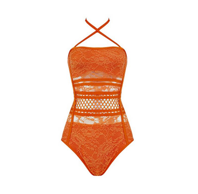 Body sexy din dantelă transparent pentru femei, portocaliu, lavandă, cu bandaj alb, salopetă cu Halter, pentru club pentru femei