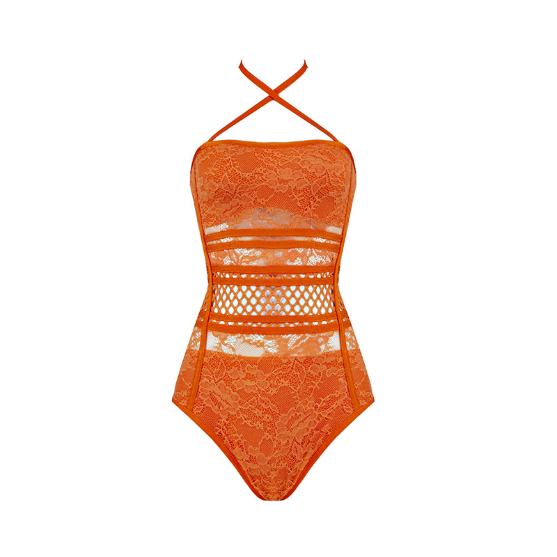 Body sexy din dantelă transparent pentru femei, portocaliu, lavandă, cu bandaj alb, salopetă cu Halter, pentru club pentru femei