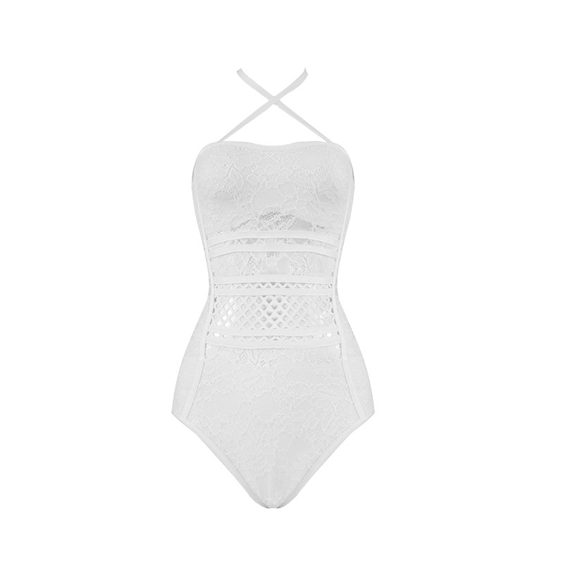 Body sexy din dantelă transparent pentru femei, portocaliu, lavandă, cu bandaj alb, salopetă cu Halter, pentru club pentru femei