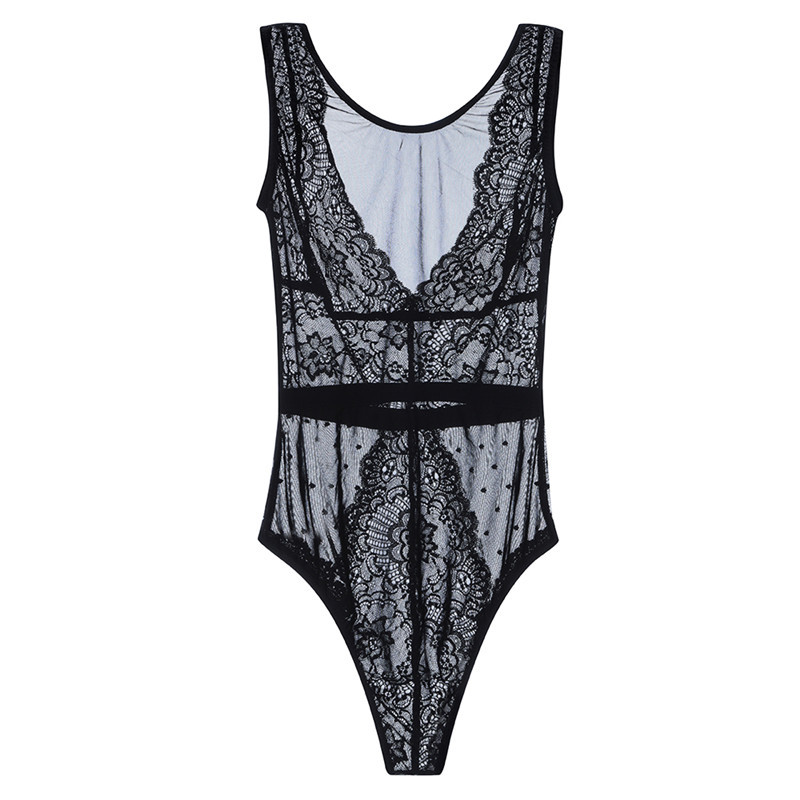 Negru Nou Sosire Decolteu în V Fără mâneci Dantela Perspectivă Sexy Women Bodysuits Bikini de vară