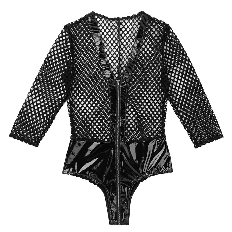 Naiste läbipaistev kalavõrk Bodycon kunstnahast 3/4 varrukatega kõrge lõikega eesmine tõmblukk Teddy Body, Pool Dance Sexy Clubwear