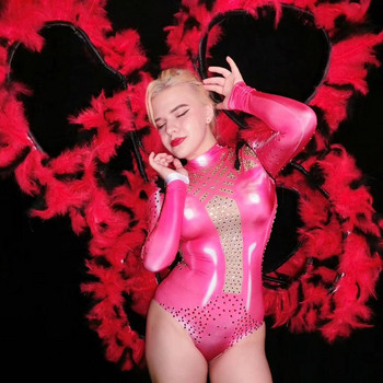 Секси розово трико с кристали Дамско еластично тесно бодито Нощен клуб Парти шоу Сценични костюми Карнавални акробатични танцьорски облекла