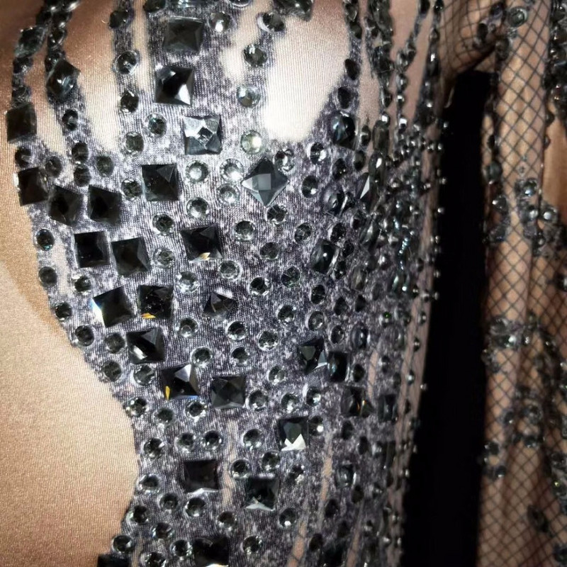 Body nud cu cristale negre strălucitoare sexy, ținută de performanță, petrecere, sărbătoriți strălucitor, strasuri, body elastic pentru scenă