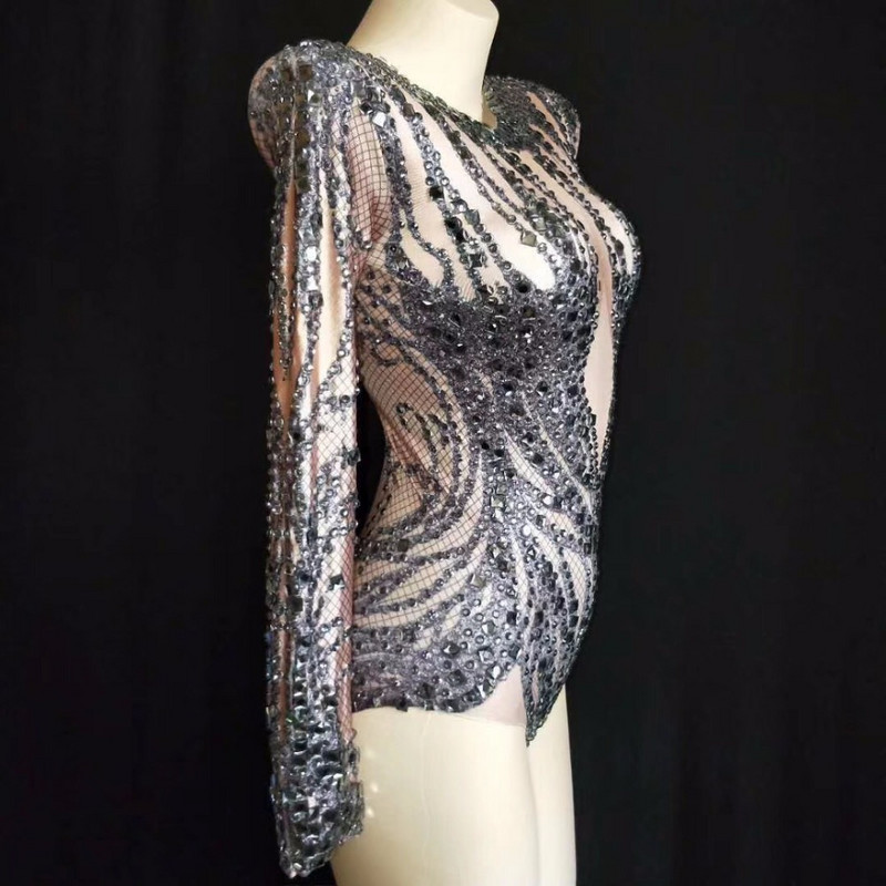 Body nud cu cristale negre strălucitoare sexy, ținută de performanță, petrecere, sărbătoriți strălucitor, strasuri, body elastic pentru scenă