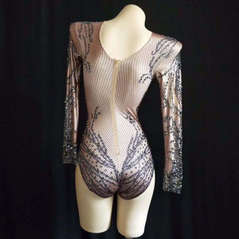 Body nud cu cristale negre strălucitoare sexy, ținută de performanță, petrecere, sărbătoriți strălucitor, strasuri, body elastic pentru scenă